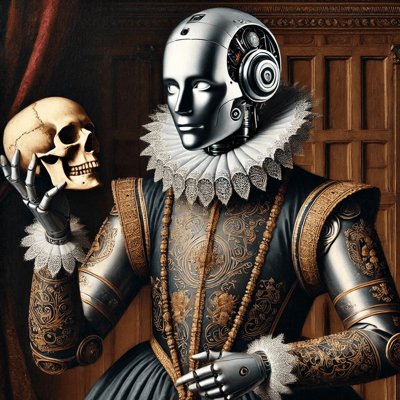 To Learn or not to Learn? An AI-generated image of an android wearing Shakespearean clothing holding a skull